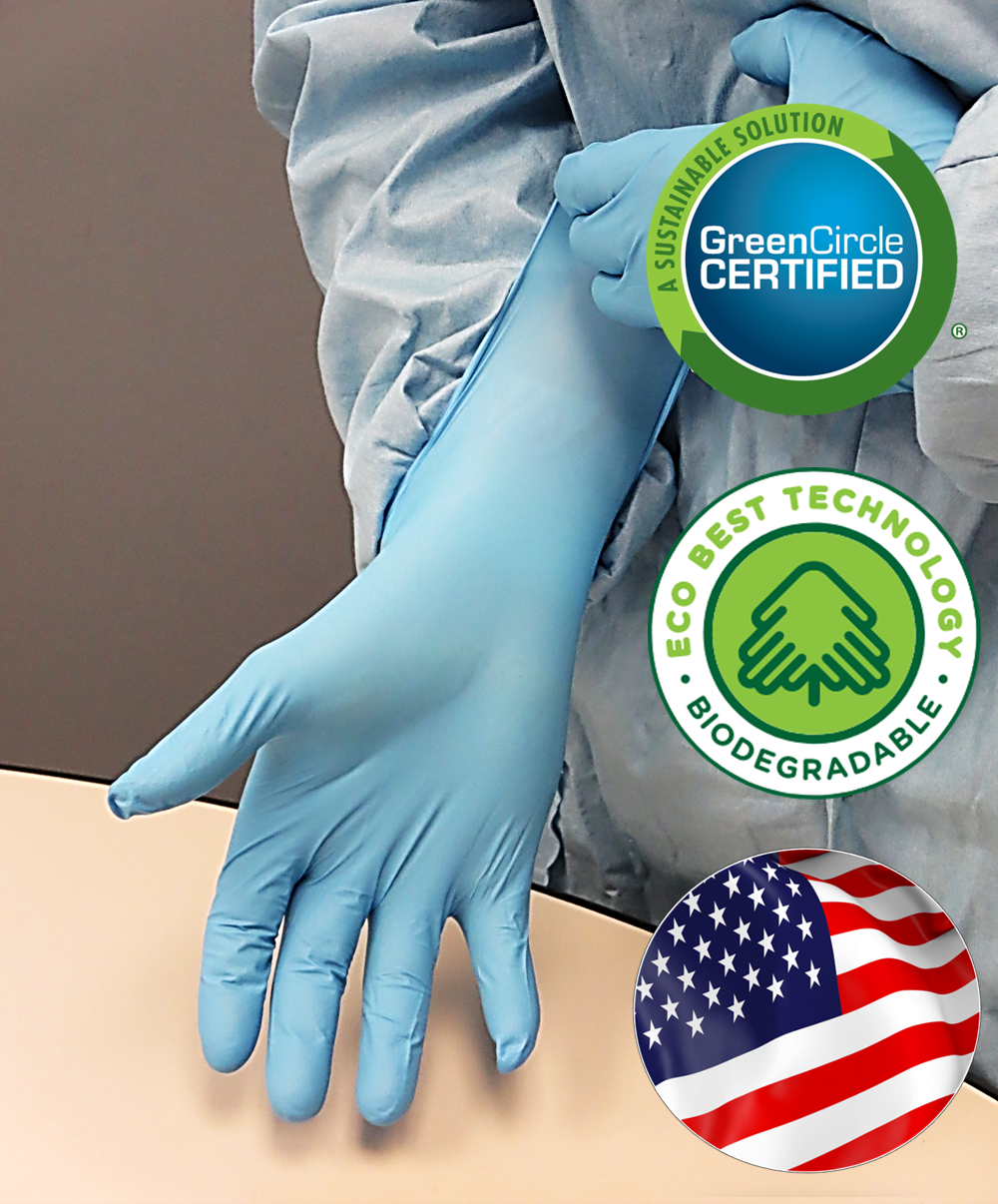 M7002PF Showa® Biodegradable Single-Use Powder-Free Latex-Free 2.5-Mil Blue EBT Nitrile Examination Gloves Made in USA